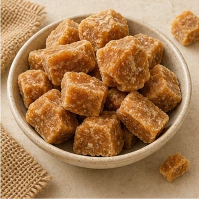 Natural amber jaggery pieces in a ceramic bowl