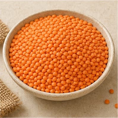Orange-red masoor dal in a ceramic bowl