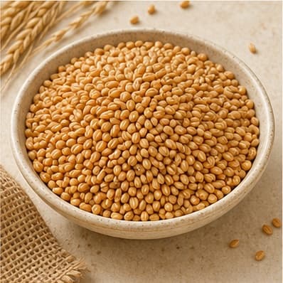 Golden whole wheat kernels in a ceramic bowl